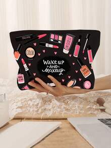 一款时尚化妆旅行包，饰有化妆图案 - 轻便可折叠拉链袋，适合收纳化妆品、洗漱用品和文具，易于擦拭清洁，是送给女士和化妆爱好者的理想礼物。化妆包、化妆品收纳包、洗漱包、化妆品储藏袋、化妆袋、洗漱旅行包、旅行必备品、女性旅行礼物 - 彩色 - 查看 15