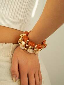 3pcs/Set Vintage Boho Thick Multi-Layer Brown Acrylic Beaded Bracelet, Fashion Luxury Accessory For Women, Couples, Party, Daily Wear - Multicolor - View 4