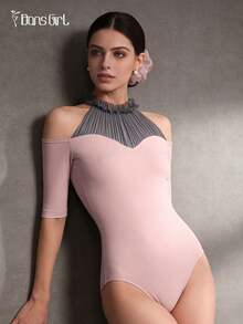 DonsGirl 女士芭蕾舞紧身衣，荷叶边领口饰有蕾丝花边，半袖，春季舞蹈表演服 - 藕粉色 - 查看 3