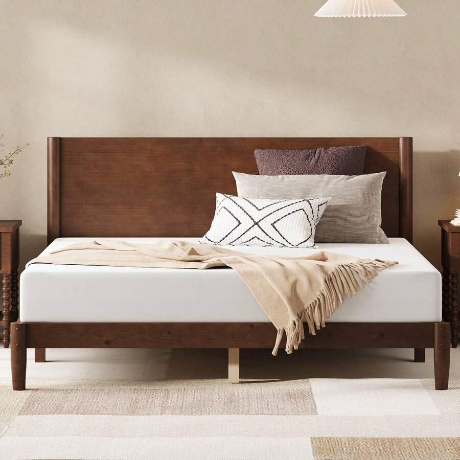 Solid Wood Bed Frame For Bedroom Furniture, Mid Century Modern Platform Bed With Full Panel Headboard, Noise Free Mattress Support And Under Bed Storage - Dark Walnut - 查看 1