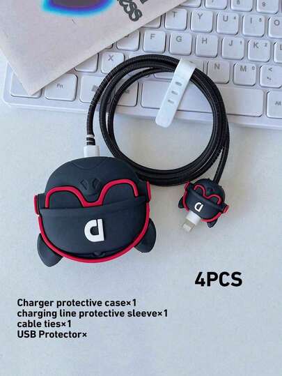 Black Dog Element Silicone 4pcs/Set Fashion Glasses Dog Anti Drop Charger Protective Case Suitable For 20W UK Plug Fast Charging Cable Molded Charger Protective Shell Transparent Protective Cover To Prevent Bending Gift Women's Day