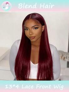 8-36英寸 99j 酒红色蕾丝前假发，真人混纺发丝，13x4 酒红色假发，180% 密度，酒红色直发蕾丝前假发，预先拔毛，无胶前额假发，女士款（混纺假发 - 真人发丝与合成纤维混合）真人混纺假发/女士真人混纺假发/真人混纺蕾丝前假发/无胶假发/漂白发结/预先拔毛/蕾丝假发/提升您的造型/增强自信/完美礼物 - S99J - 查看 2