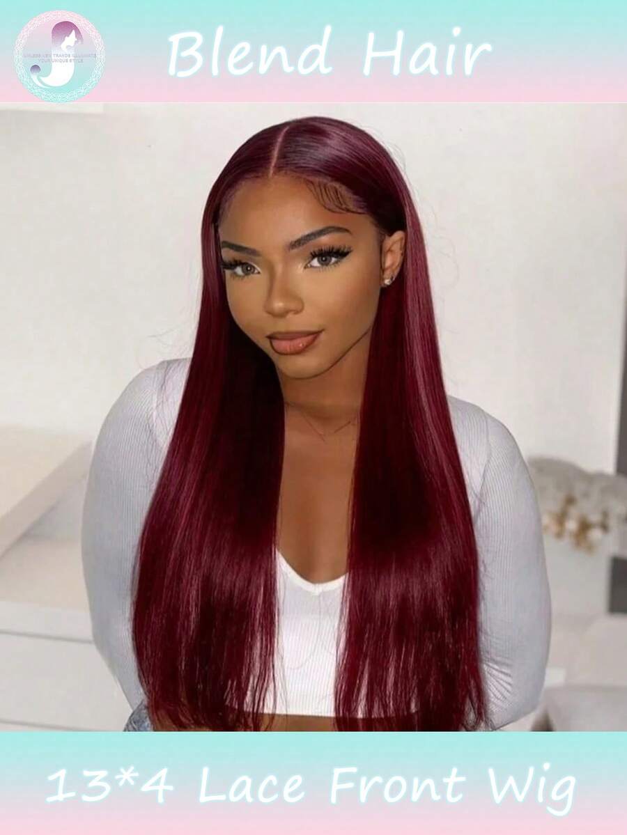 8-36英寸 99j 酒红色蕾丝前假发，真人混纺发丝，13x4 酒红色假发，180% 密度，酒红色直发蕾丝前假发，预先拔毛，无胶前额假发，女士款（混纺假发 - 真人发丝与合成纤维混合）真人混纺假发/女士真人混纺假发/真人混纺蕾丝前假发/无胶假发/漂白发结/预先拔毛/蕾丝假发/提升您的造型/增强自信/完美礼物