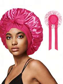 Double Layer Satin Sleep Cap With Bowknot Ribbon | Wide Brim, High Elasticity, Stretch Fit, All-Season, Lightweight, Fabric For Women. - Color - View 15