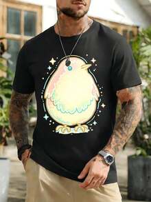 T-shirt mignon à motif d'oiseau aux couleurs pastel, en coton doux, design graphique, style streetwear hip-hop, respirant - Noir - Voir 1
