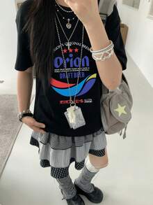 女士夏季新款休闲宽松粉色啤酒字母印花短袖T恤 黑色 - 黑色 - 查看 2