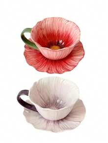 1 Set Floral Ceramic Coffee Cup & Saucer Set, Home/Cafe Latte Cup & Saucer Set, Afternoon Tea Cup, Gift - Multicolor - View 17