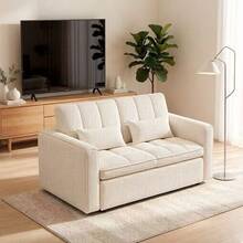 54 Inch Striped Velvet 3 In 1 Convertible Sleeper Sofa Bed, Futon Couches For Living Room With Side Pocket | Adjustable Backrest| Velvet Fabric | Pull Out Couch | Love Seat Sofa|2-Seat Sofa Bed - Màu be - Xem 2