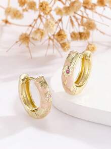 1对时尚新款镀金铜材质花卉图案珐琅彩圈形耳环，适合女性和女孩佩戴 - 粉色 - 查看 4