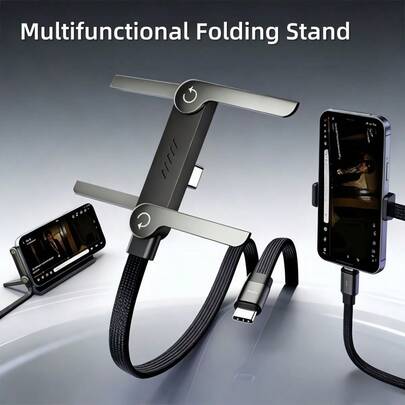 1pc 240W Foldable Phone Holder | 2-In-1 Foldable Data Cable With Type-C Port, USB Charging Mode, Round Design, 240W Fast Charging Foldable Phone Holder | 2-In-1 Foldable Data Cable With Type-C Port, USB Charging Mode, High Output Power, 2-In-1 Hidden Phone Holder Charging Cable | 240W Fast Charging Cable With Built-In Phone Holder, Multi-Strand Nylon Braided, Hidden 360° Rotatable Holder, 5ft Type-C For Phones & Tablets