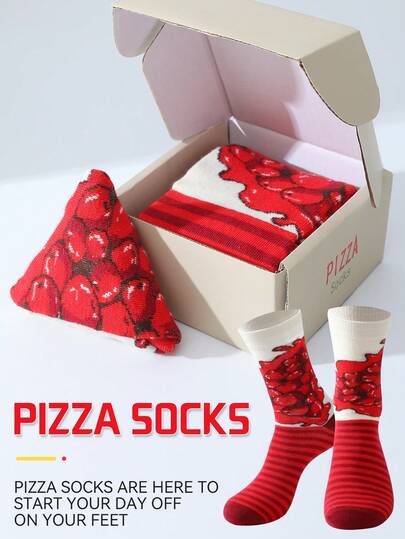 1双多色中筒袜，男女通用情侣套装，柔软披萨图案趣味袜子，充满想象力的食物灵感创意设计，舒适百搭，适合生日、情人节、复活节、斋月、约会、家庭聚会、派对、节日等场合。