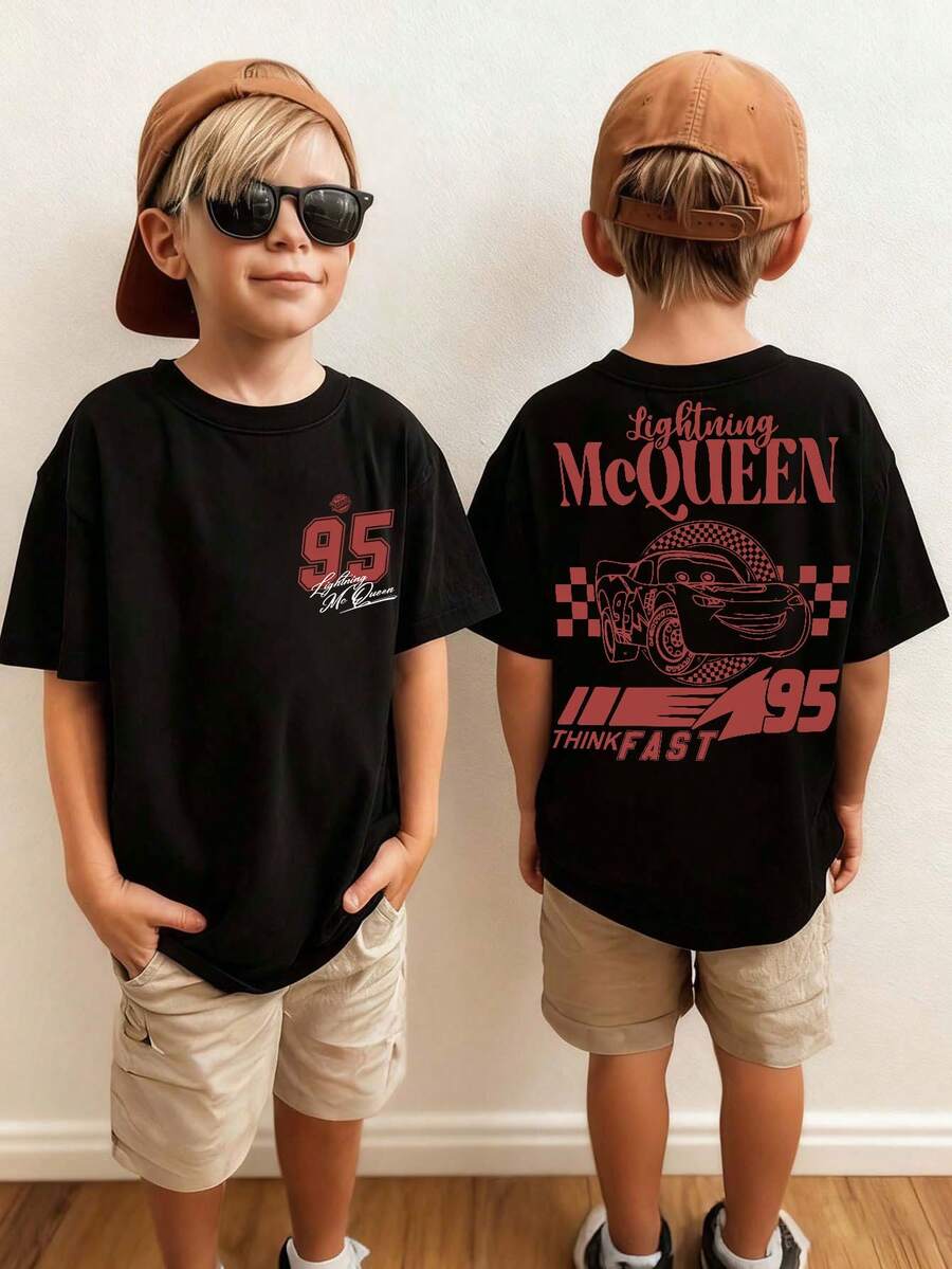 Disney Cars Lightning McQueen Kids' Tee, No.95 Double-Sided Print Retro Kids' Wear - màu đen - Xem 1