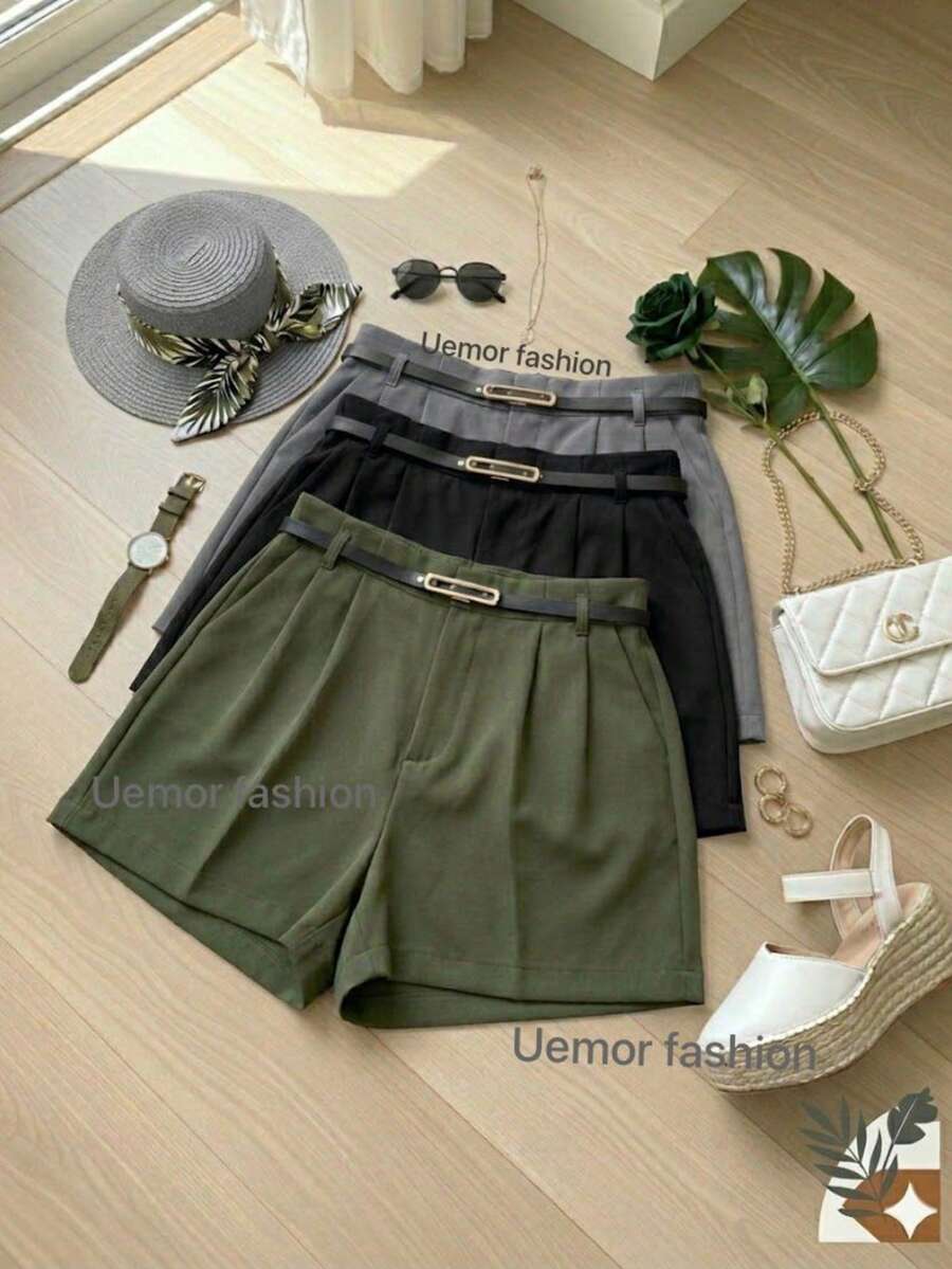 Set Of 3 Women's Casual Tailored Shorts With Belt - Summer 2026 - Pockets, Zipper Closure, And Belt - 灰色/軍綠色和黑色 - 查看 1