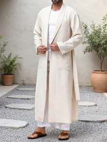 Men's Muslim Cardigan Robe, Home Robe, Casual Vacation Robe, Courtyard Style Robe, With Pockets On Both Sides And A Forked Hem, Moderate Length - Champagne - View 3