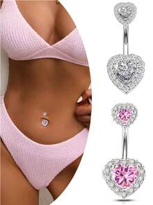 一款性感优雅的肚脐钉，钛钢材质，甜美酷炫，心形设计，闪耀钻石，14GA 316L不锈钢材质，镶嵌锆石和水晶，双心形肚脐环。 - 彩色 - 查看 3