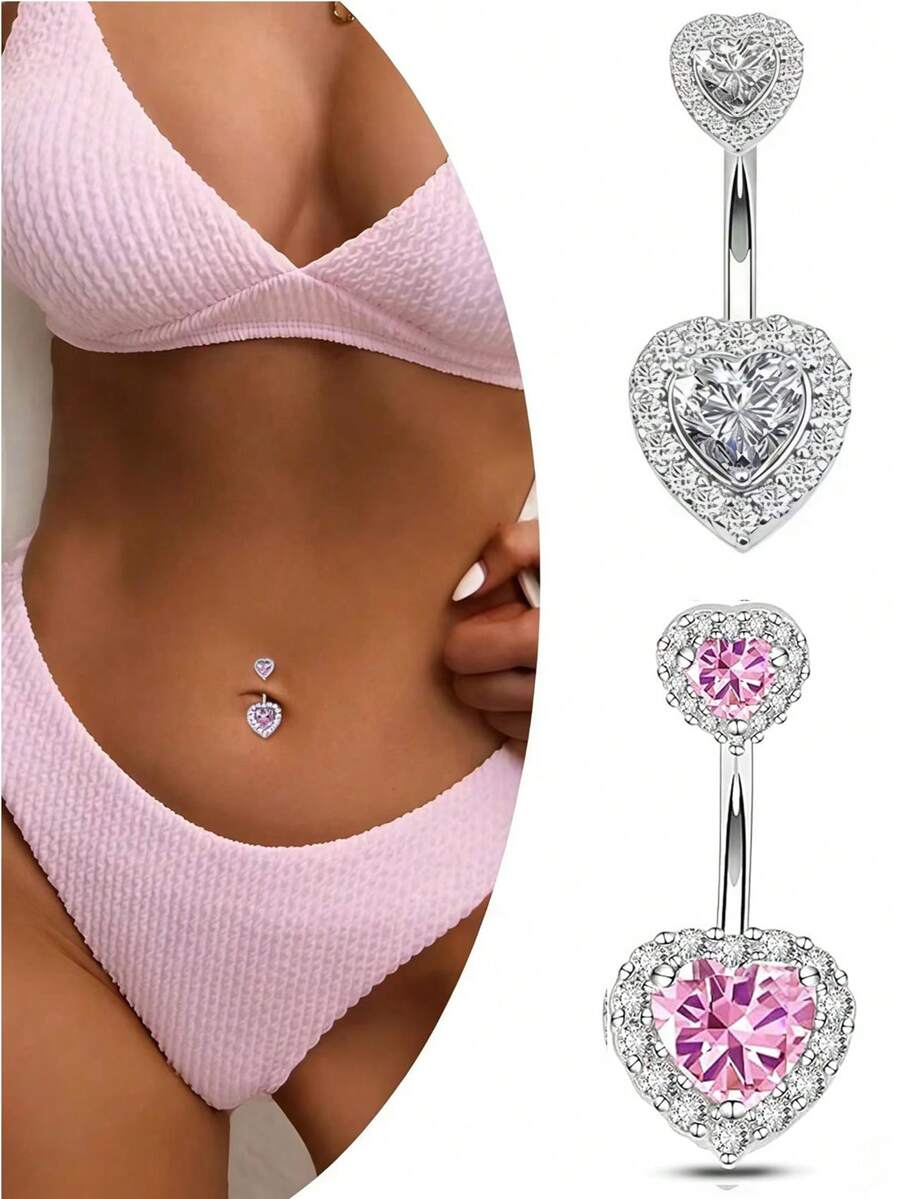 一款性感优雅的肚脐钉，钛钢材质，甜美酷炫，心形设计，闪耀钻石，14GA 316L不锈钢材质，镶嵌锆石和水晶，双心形肚脐环。 - 彩色 - 查看 1