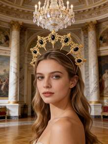 1 Piece Of Alloy Material Golden Lolita Halo Headband Hairpin With Ornate And Magnificent Style. Black Gothic Diamond-Studded Crown Headpiece. Suitable For Wedding Party Photo Shoots, Cosplay Use. - Multicolor - View 10