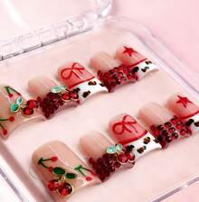 Nailchic 10 PCS Handmade Duck Press-On Nails | Baddie Sweet Luxury Red & Nude Acrylic Nails, 3D Red Cherry & Rhinestone Embellished Leopard Star Art - 彩色 - 查看 2