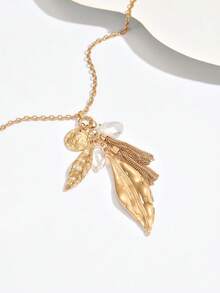 1件时尚金属简约创意金属叶子吊坠Y形长项链，适合日常佩戴、派对和节日场合。 - 金黃色 - 查看 3