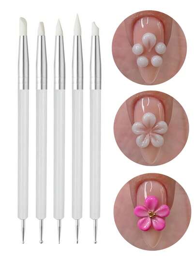 5pcs Double-Ended Silicone Nail Art Dotting Pen, Acrylic Nail Art Brushes For Resin Nail Art, Nail Foil Engraving, Painting And Shaping