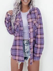 Plus Size Long Sleeve Plaid Multi-Pocket Contrast Color Plaid Shirt - الأرجواني - مشاهدة 3