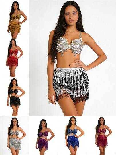 Belly Dance Performance Ensemble - Beaded Bra And Fringe Hip Scar For Competitions, Belly Dance Classes & Parties (Available In Multiple Colors)