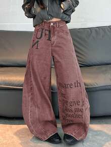 1pc Japanese Street Style Women's Patchwork Printed Curved Leg Loose Wide Leg Jeans Comfortable All Season Long Pants (This Product Does Not Include Belt/Accessories) - Red - View 11