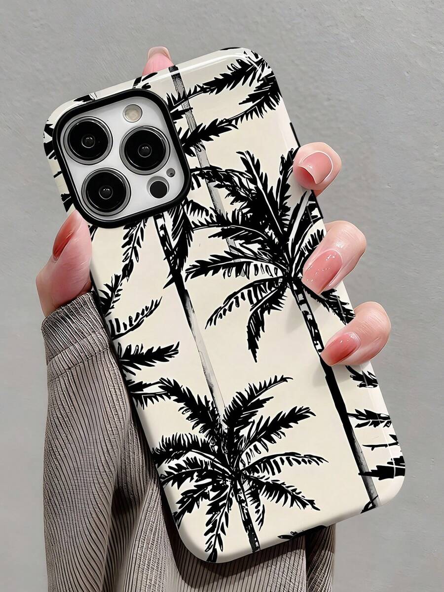 1pc Minimalist Retro Vacation Style Coconut Tree Pattern Glossy 2-In-1 Filmic Hard Phone Case, Suitable Compatible With Samsung/ 11/12/13/14/15/16/17 Pro Max - Multicolor - View 1