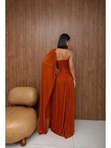 Long, One-Shoulder Party Dress In Dark Nude, Flowing Style, For Bridesmaids/Dates/Graduations/Guests. - Terrakotta - Visa 2