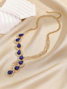 Deep Sea Blue Sapphire Teardrop Necklace | C-List Spotlight Piece, Gold-Plated Rhinestone Blue Sapphire Choker Necklace | High-End Party Centerpiece, Suitable For Festivals, Parties, Banquets, And Holiday Gift-Giving - Gold - View 1