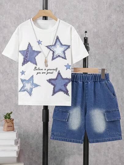 Bộ quần short denim rách tay ngắn in hình ngôi sao thời trang thường ngày dành cho bé trai và thanh thiếu niên, thích hợp cho mùa xuân/hè.