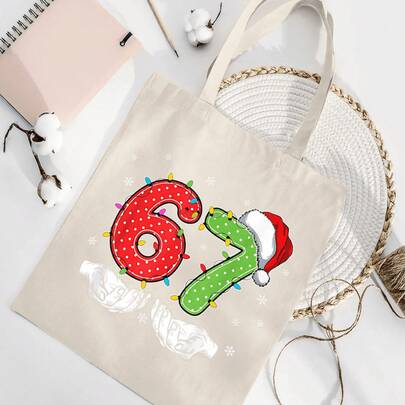 Women'S Christmas Tote Bag With 66 Number Design & Candy Cane Snowflake Print - Lightweight Durable Shoulder Bag For Travel, Shopping, Holiday Parties - Machine Washable Open-Top Casual Handbag (No Lining) - Ideal Gift For Birthdays & Festive Events