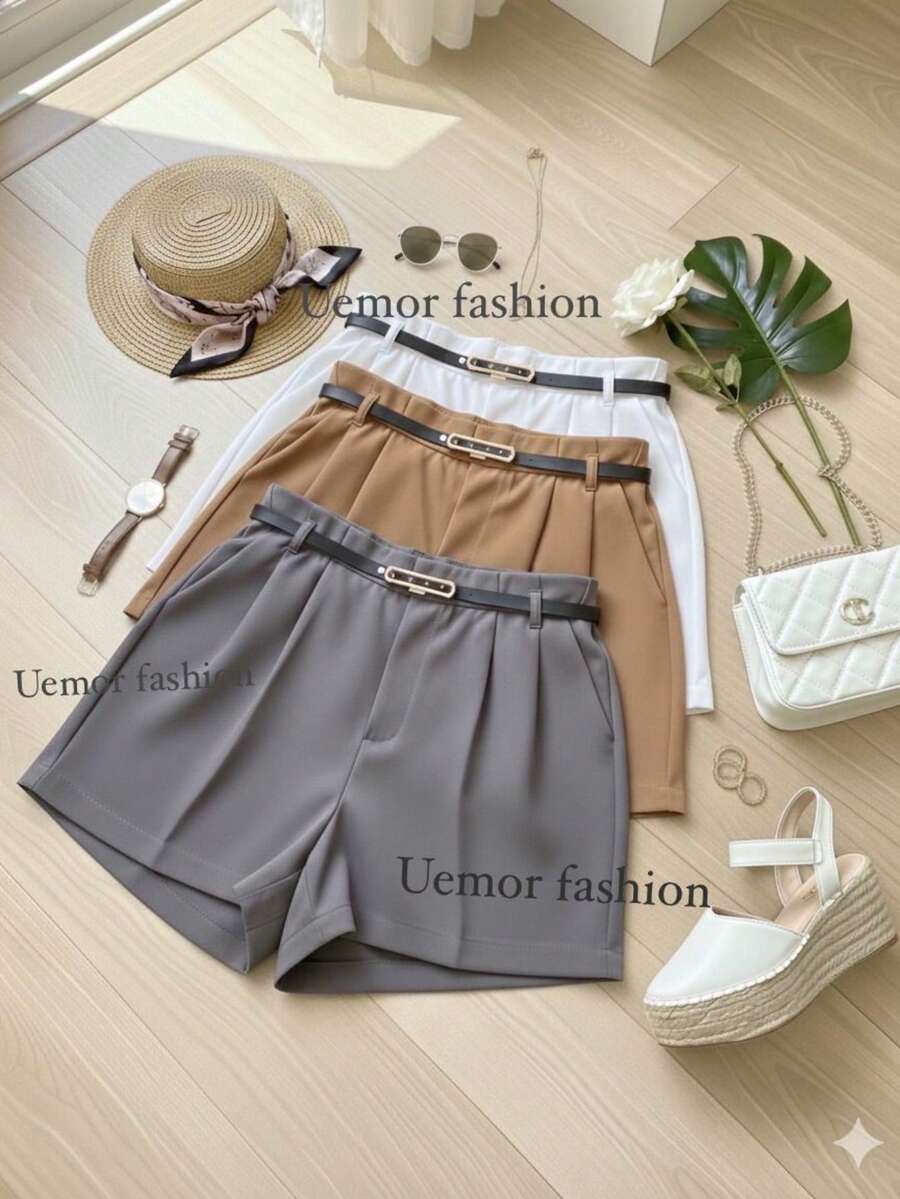 Set Of 3 Women's Casual Tailored Shorts With Belt - Summer 2026  - Pockets, Zipper Closure, And Belt - 灰色/焦糖色和白色 - 查看 1