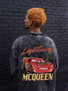 Disney Lightning Mcqueen Printed Summer Heavyweight Retro Washed Street Fashion Casual T-Shirt , Round Neck, Stretchy, Suitable For Daily Wear, Easy Care, Fashionable Casual Men's T-Shirt, Short Sleeve Tee, Breathable And Light, For Sports And Leisure Wear, Suitable For Gifts, For Parties. - 黑色 - 查看 3