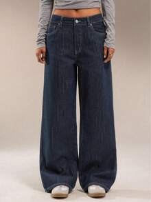 Women's High Waisted Pinstripe Wide Leg Jeans – Vintage Inspired Denim Trousers - Blue - View 3