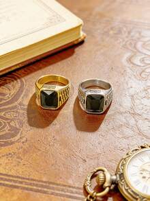 1pc Squared Rhinestone Stainless Steel Ring For Men, Durable Waterproof Non-Fading Hypoallergenic, Suitable For Daily Wear, Business Travel - Black Stone-set Men's Ring - View 6