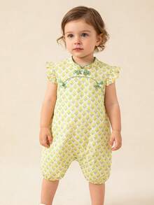 mini bala 女婴休闲碎花连体衣，荷叶袖，夏季 - 黃綠色調 - 查看 6