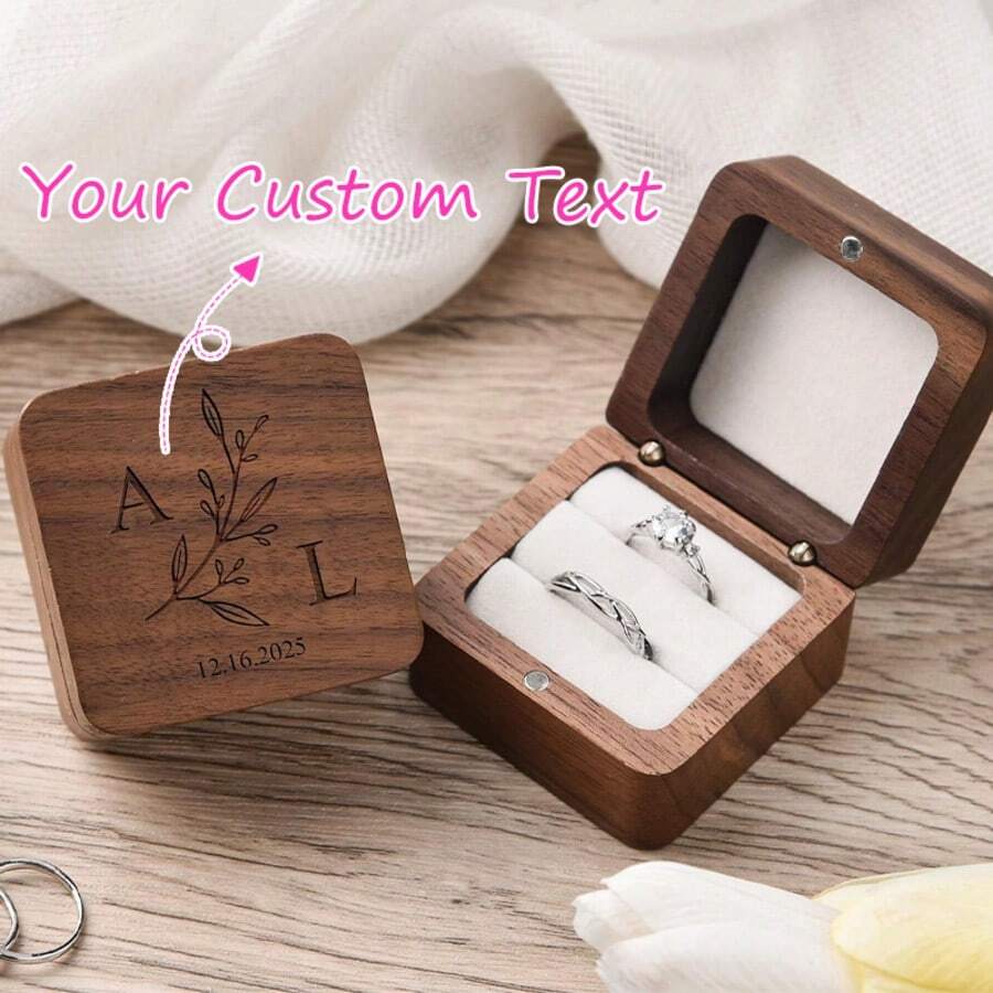 Personalized Wooden Ring Box With Custom Name, Proposal Ring Box, Couple Anniversary Gift, Laser Engraved Jewelry Box