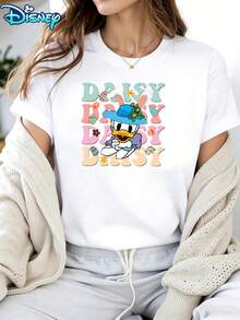 Disney Women's Daisy Duck "Easter Bunny" Stacked Name Short-Sleeved T-Shirt - Pastel Easter Egg & Flower Theme Round-Neck Top, Soft Cotton Breathable Fabric, Summer Casual Style, Suitable For Easter Celebrations - trắng - Xem 2