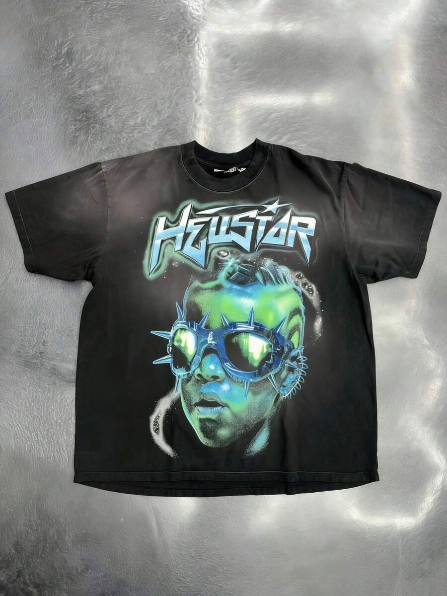 Hellstars Spiked Goggles Portrait Y2K Graphic T-Shirt,220g 100% Cotton,Round Neck Short Sleeve,Black Streetwear Essential For Summer Going Out,Unisex Style - Black - View 1