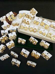 32对时尚复古几何圆形心形仿珍珠耳环，适合日常休闲佩戴、度假，也是节日送礼佳品。（随机发货） - 彩色 - 查看 4