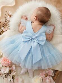 Baby Girls Blue Cap Sleeve Wedding Flower Girl Tulle Dress With 3D Bow Decor, Elegant Party Princess Dress Suitable For Baby's 1st Birthday, Party, Formal Occasion, Wedding - 藍色 - 查看 3
