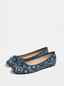 2025秋季新款复古中国风平底鞋，圆头蝴蝶结芭蕾舞鞋，舒适休闲女士乐福鞋 - 藍色 - 查看 19