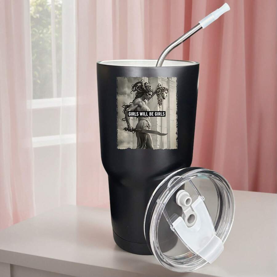 30oz Stainless Steel Tumbler Black White Options, Girl With Sword And Text Pattern Graphic Cups, Insulated Travel Coffee Mug With Lid And Straw , Double Wall Vacuum Reusable Travel Cups, Funny Birthday Party Gift For Women & Men - 黑色 - 查看 1