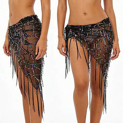 一件式女士肚皮舞服装，三角形设计，腰链饰有亮片和流苏，纱丽式缠绕款式，适合狂欢节、派对、夜总会、海滩、异域风情、波西米亚风、复古风等场合。
