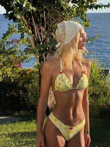 2pcs Lemon Yellow Plaid Print With Red Bowknot Women Swimsuit, Removable Swimwear Pads, Beach Vacation Outfit, Swimsuit, Summer Dress For Women, Summer Clothes For Women, Festival, Ibiza Outfit, Women Swimwear, Bikini Set, Swimming Costume For Women, Beach Wear For Women, Holiday Co-Ord, Beach Dress, Women Bikinis Sets - Multicolor - View 3