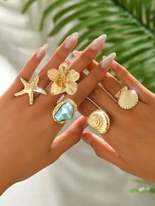 5pcs/Set Fashion Versatile Starfish, Shell, Flower, Baroque Faux Pearl Ring Set, Vacation Style Daily Party Ocean Creature Rings Jewelry Gift For Women - Multicolor - View 1