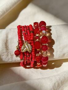 Set de 4 piezas de pulseras de joyería con cuentas de mijo - Rojo - Ver 2