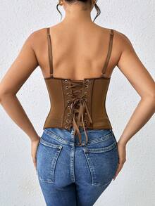 Women's Lace Corset Top, Delicate Spaghetti Strap Bone Bustier - Brown - View 2