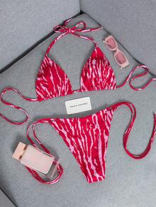 2件套2026新款时尚性感仿木纹印花比基尼泳装套装，适合泳池、海滩、度假、春夏、情人节、狂欢节派对等场合。 - 鮮紅色粉紅色 - 查看 2